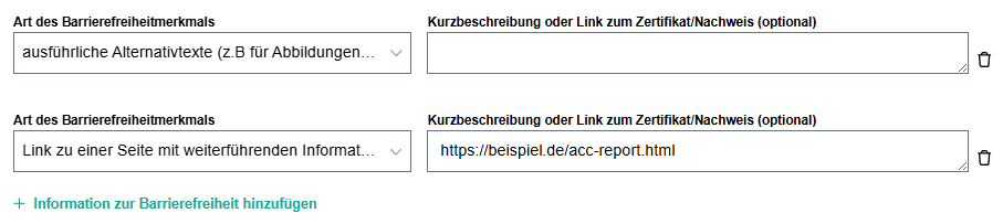 zeigt das Dropdown zur Auswahl des Merkmals sowie ein nebenstehendes Freitextfeld. Außerdem den Hinzufügen-Link, um neue Merkmale zu ergänzen.