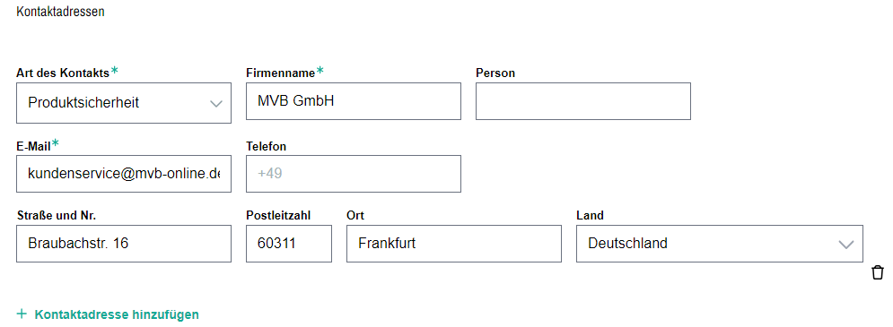 Kontaktadresse pflegen